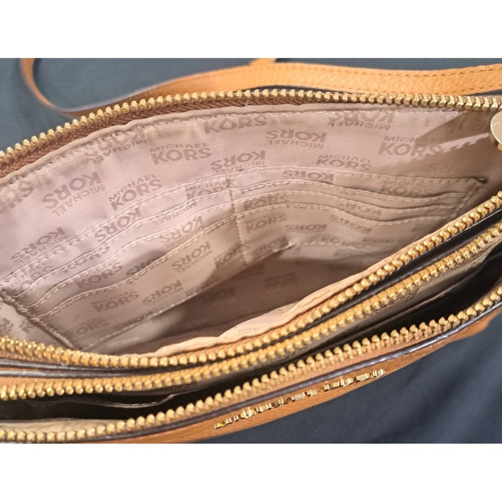 Michael Kors Jet Set Signature MK Large Double Zip Crossbody Brown Tan Leather - Picture 10 of 13
